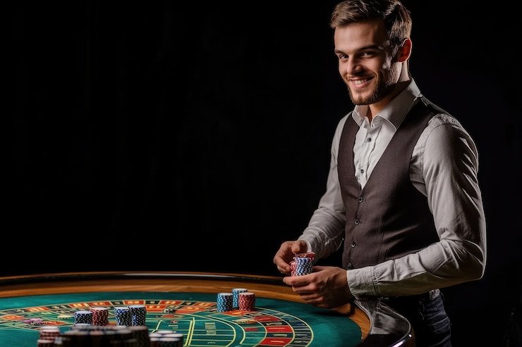 Meja permainan kartu dengan dealer dan pemain di casino klasik